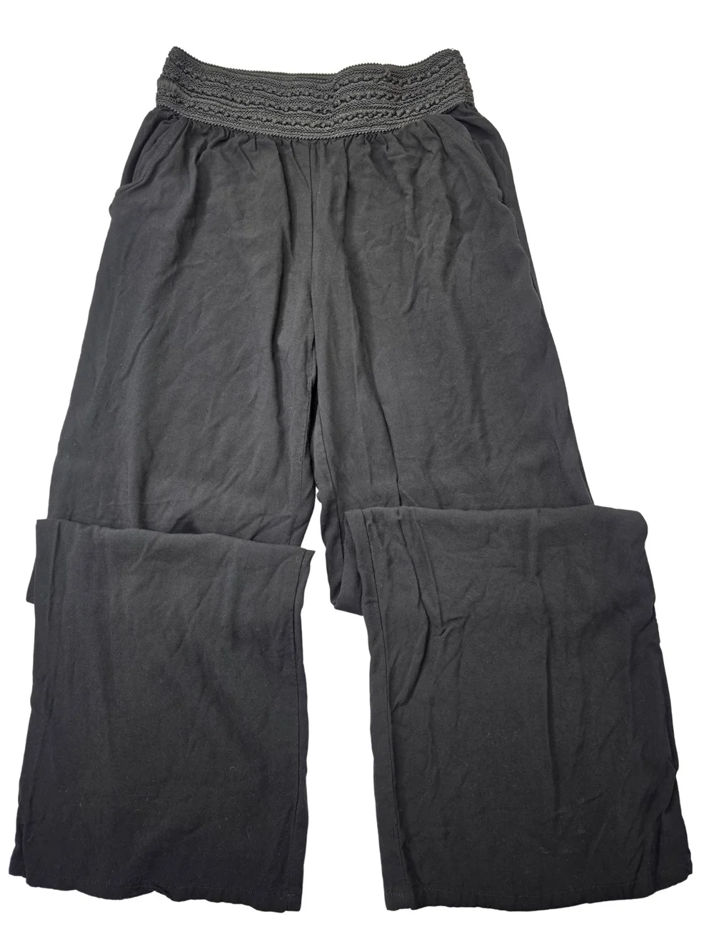 Joe B Flowy Wide Leg Size M Elastic Smocked Waist Black Boho Pants 3851-CY